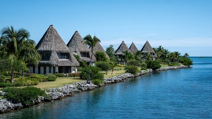Obraz premium Tropical thatched-roof bungalows line a tranquil waterway.