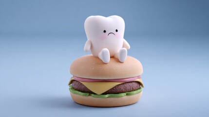Sad tooth character sits atop a burger, conveying unhealthy eating habits and potential dental problems