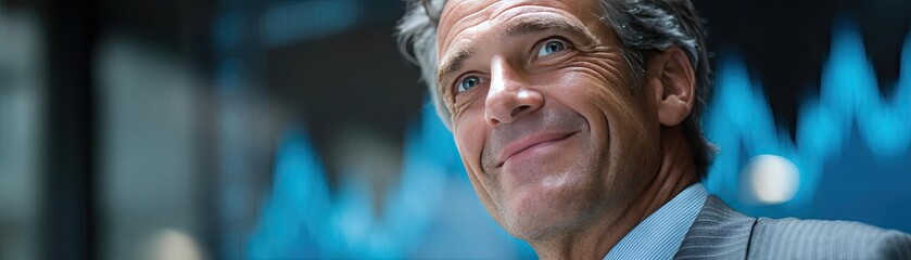 Investor satisfaction from long-term confidence concept. A confident businessman smiling, exuding positivity and success.