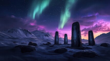 Vast tundra with ancient Viking ruins, massive stone circles, and northern lights illuminating the sky
