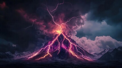 Volcanic lightning storm with glowing purple energy bolts striking molten rock