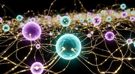 Glowing Spheres Connected by Neural Network Wires on Black Background