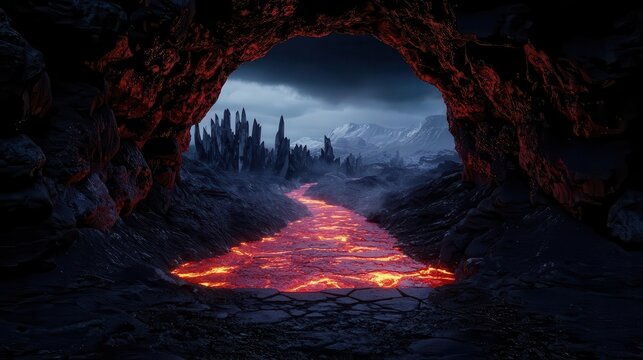 Underground magma cavern with towering crystal formations, rivers of lava flowing between jagged rocks
