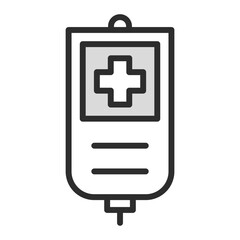 Obraz premium line icon of an intravenous or IV drip bag, featuring a central medical cross and fluid lines, symbolizing hospital care, medical treatment, emergency fluid therapy, surgery, blood transfusion