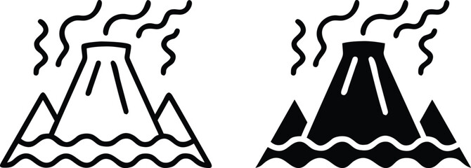 Volcano Eruption Icon Set – Black and White Vector Silhouettes with Smoke and Mountain Elements