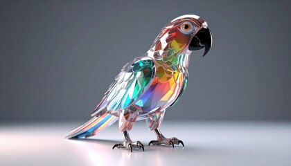 A vibrant, multicolored parrot rendered in a faceted, crystal-like 3D style on a smooth gradient background.