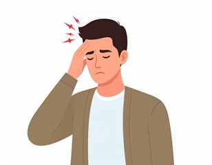 A man holds his head, showing signs of headache or stress with red pain indicators near his temple.