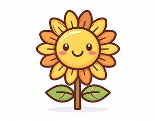 Cute cartoon sunflower with a smiling face, round yellow center, and two green leaves on a simple white background.