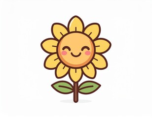 A cute, smiling cartoon sunflower with yellow petals and green leaves on a simple white background.