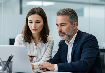 Fototapeta premium Focused business professionals collaborating intently on a laptop discussing a project in a modern office setting