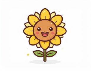 A cheerful cartoon sunflower with a smiling face, bright yellow petals, and green leaves on a simple white background.