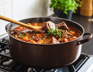 Beef Stew Cooking In Large Pot
