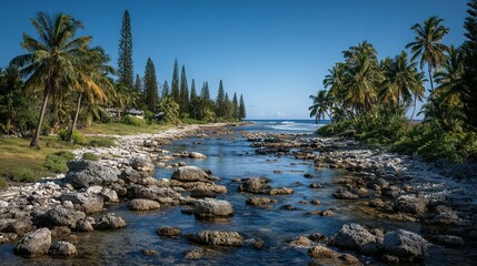 Obraz premium Tranquil coastal scene with palm trees and rocks.
