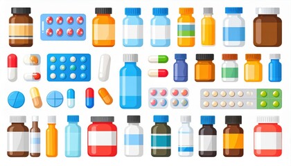 Various medicine bottles, pill packs, and capsules in multiple colors and sizes are arranged in rows, representing pharmaceutical products and healthcare essentials.