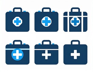 Six blue and navy medical first aid kit icons with white crosses in various styles on a white background.