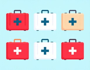 Six colorful first aid kits with medical cross symbols in red, white, and beige colors on a light blue background.