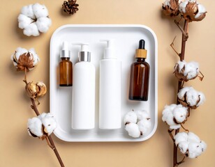White and amber skincare bottles arranged on a white tray, surrounded by cotton flowers and dried cotton pods on a beige background.