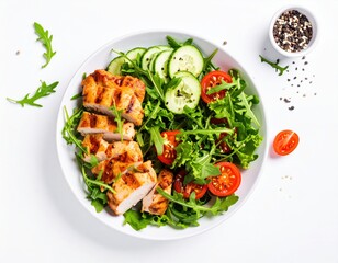 A fresh, healthy salad with grilled chicken, cucumbers, cherry tomatoes, and arugula is served on a white plate with peppercorns scattered around.