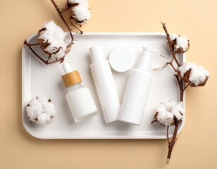 Minimalist skincare set with white bottles and containers on a tray, surrounded by cotton branches on a beige background.