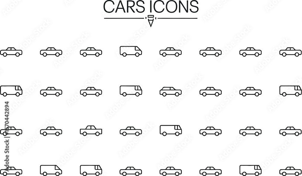 Poster collection of car and van icons arranged in a grid pattern on a white to gray gradient background