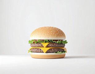 A classic double cheeseburger with sesame seed bun, fresh lettuce, two beef patties, and melted cheese on a plain white background.