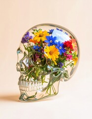 Transparent glass skull vase filled with colorful fresh flowers on a light background.