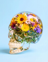 A transparent skull filled with vibrant yellow, purple, and pink flowers against a light blue background, blending themes of life and mortality.