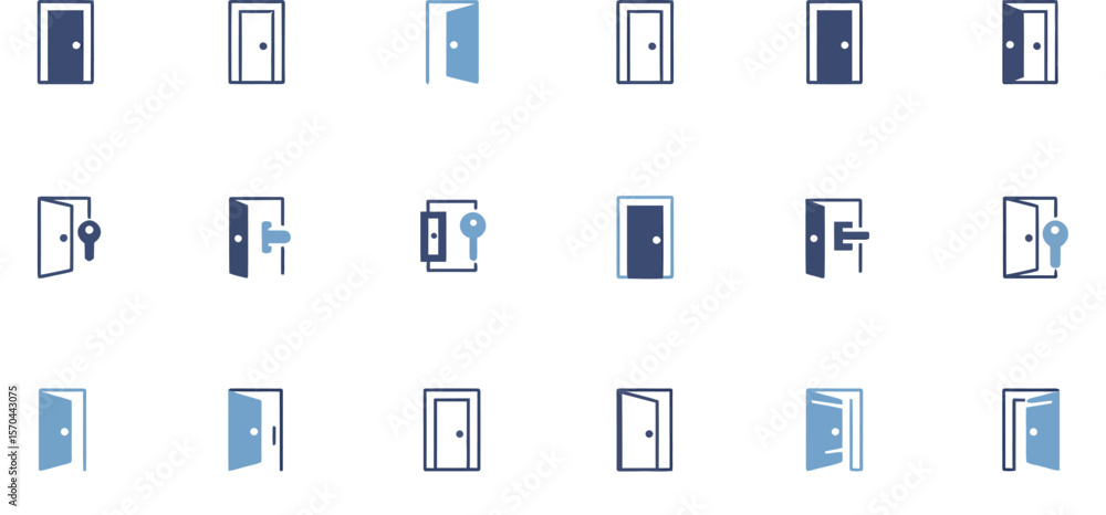 Poster collection of door icons in various styles and positions on a white background with captions below