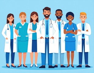 A diverse group of seven healthcare professionals, including doctors and nurses, standing confidently in medical attire with stethoscopes on a light blue background.