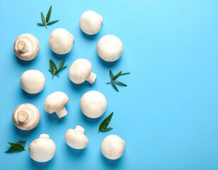 White button mushrooms scattered on a blue background with a few green leaves for decoration.