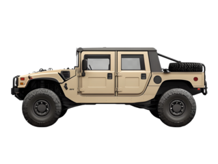 Tan humvee military vehicle with large tires isolated on transparent background