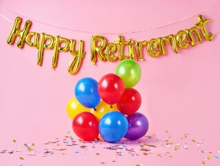 Happy retirement gold balloon banner with colorful balloons and confetti