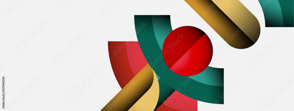 Poster abstract design features curved shapes, vibrant colors. red sphere dominates composition, complement