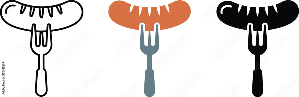 Poster three sausage icons on forks with different styles outlined colored and solid on a white background