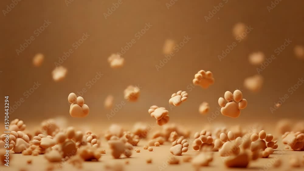 Poster floating soft paw prints in a whimsical brown background with dust particles