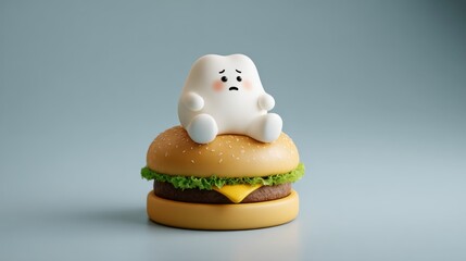 Sad tooth character sitting on a burger, highlighting the detrimental effects of unhealthy eating habits on dental health.