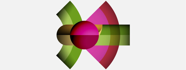Abstract geometric design. Pink, green hues dominate composition. Shapes intersect, creating dynamic visual effect. Minimalist style.