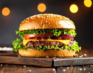 Delicious Gourmet Cheese Burger On Wooden Cutting Board