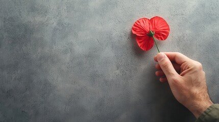 Closeup of hand placing flower at memorial, symbolizing Veterans Day respect