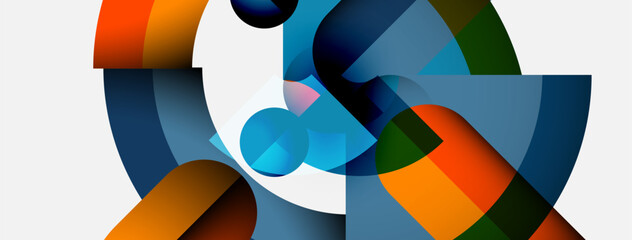 Obraz premium Abstract geometric shapes overlap, creating dynamic composition. Blues, oranges, greens dominate neutral background. Modern design.