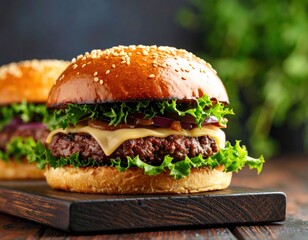Close Up Gourmet Cheeseburger On Wooden Board