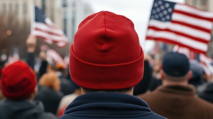 Crowd of spectators at a Veterans Day parade, waving flags in support
