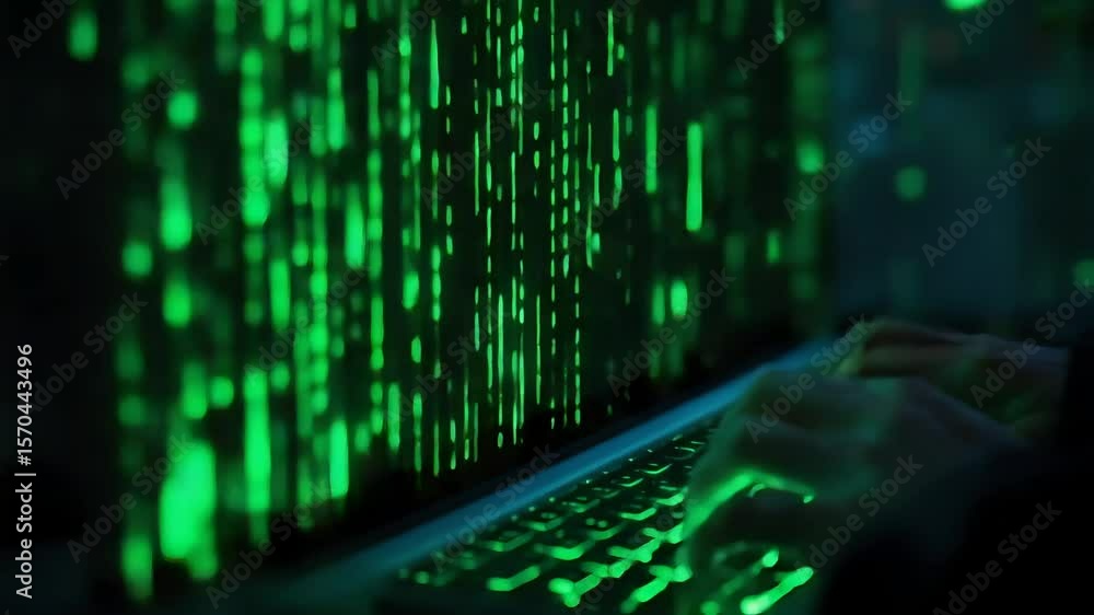 Poster hands typing on a laptop with green matrix code display in a dark environment