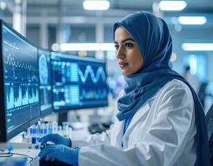 Young Middle Eastern Woman Scientist Working on Computers in Modern Laboratory