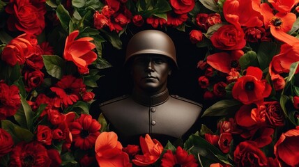 Flags and flowers surrounding a statue of a soldier, honoring military sacrifice