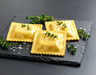 Golden Tortellini Pasta On Dark Slate Plate With Thyme