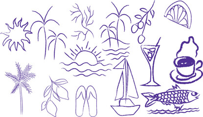 Italian style vacation hand drawn vector illustrations with chalk brush rough doodle sketch style.  for Summer vacation elements blue ink  style. Drawings for poster, business or menu card print.