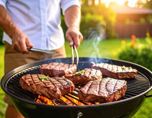 Man Grilling Steaks Outdoors In Summer