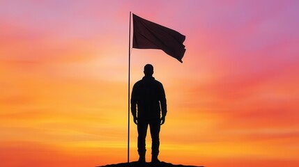 Veteran watching flag raise at sunrise, reflecting on service and sacrifice