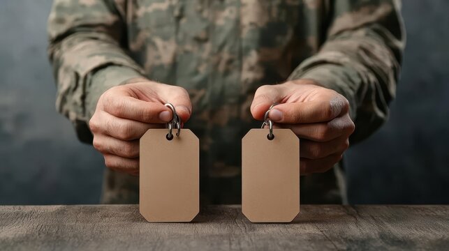 Veteran at ceremony holding dog tags, remembering service and comrades
